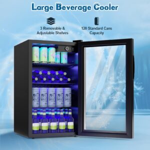 KOTEK Mini Beverage Fridge, 120 Cans Freestanding Beer Fridge with Glass Door, Removable Shelves, LED Lights & Temperature Control, Beverage Refrigerator for Bedroom Home Bar, 3.2 Cu. Ft