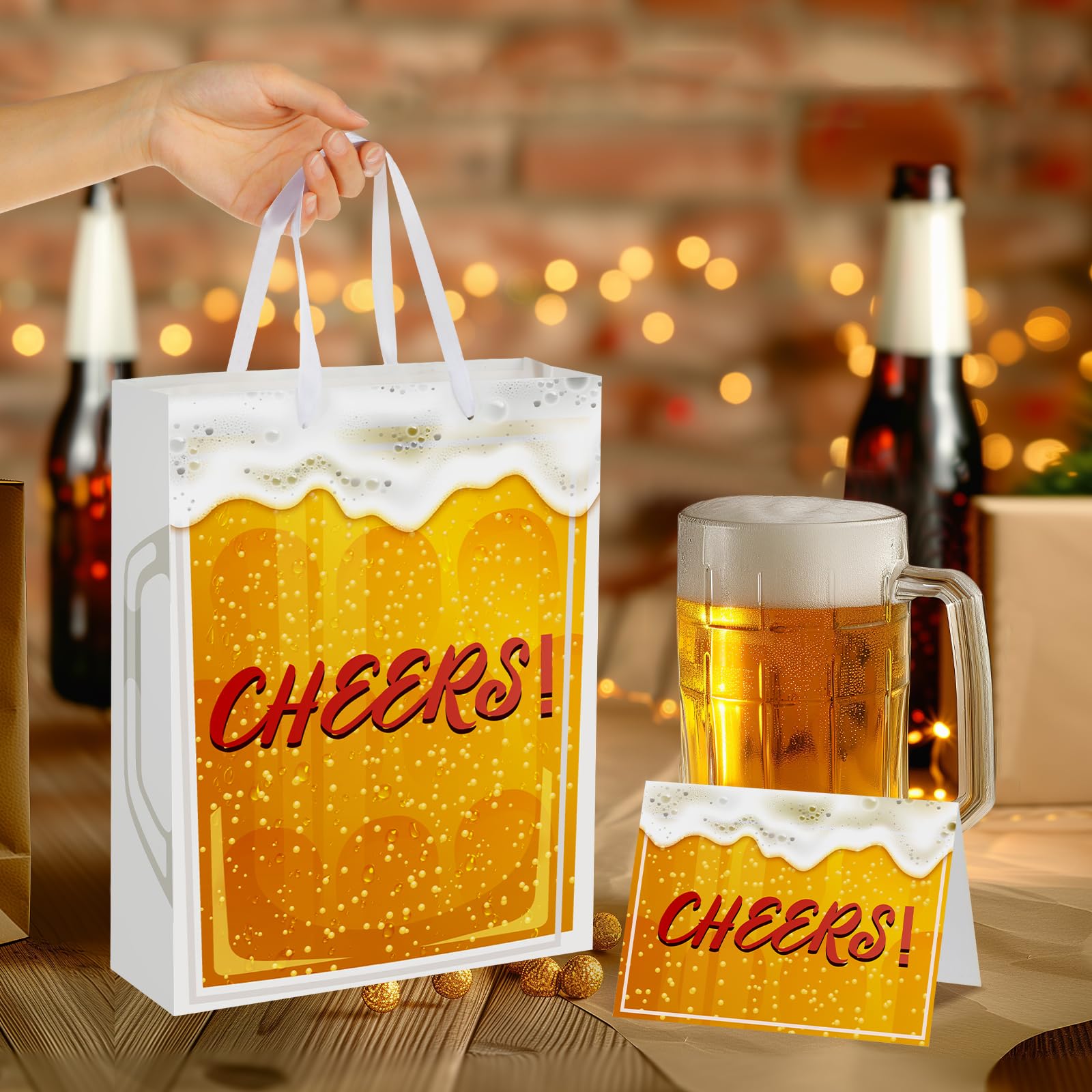 Gold Cheers Gift Bag Beer Mug Gift Wrap Bag with Greeting Card Tissue Paper for Men Women Birthday Christmas New Year Engagement Wedding Father's Day Retirement Graduations Promotions New Jobs