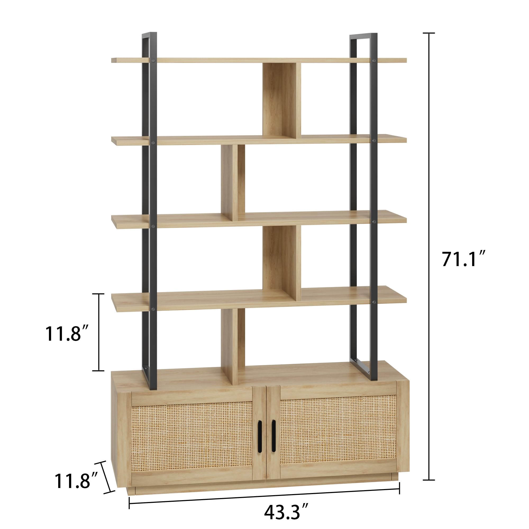 IDEALHOUSE 5 Tier Rattan Bookshelf with Storage Cabinet & Door, 71.1 Inch Tall Industrial Book Shelf with Open Display Shelves, 5 Shelf Bookcase with Metal Frame for Living Room, Bedroom -Burlywood