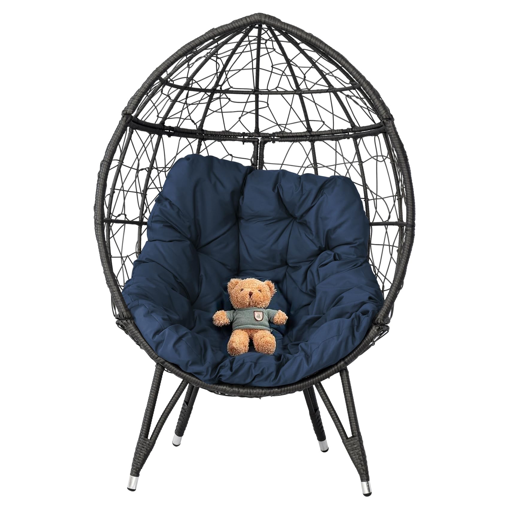 Temminkii Outdoor Patio Wicker Egg Chair Oversived Indoor Basket Rattan Chair with Stand,4''Cushion 410bls Capacity for Backyard Balcony Bedroom (Blue)