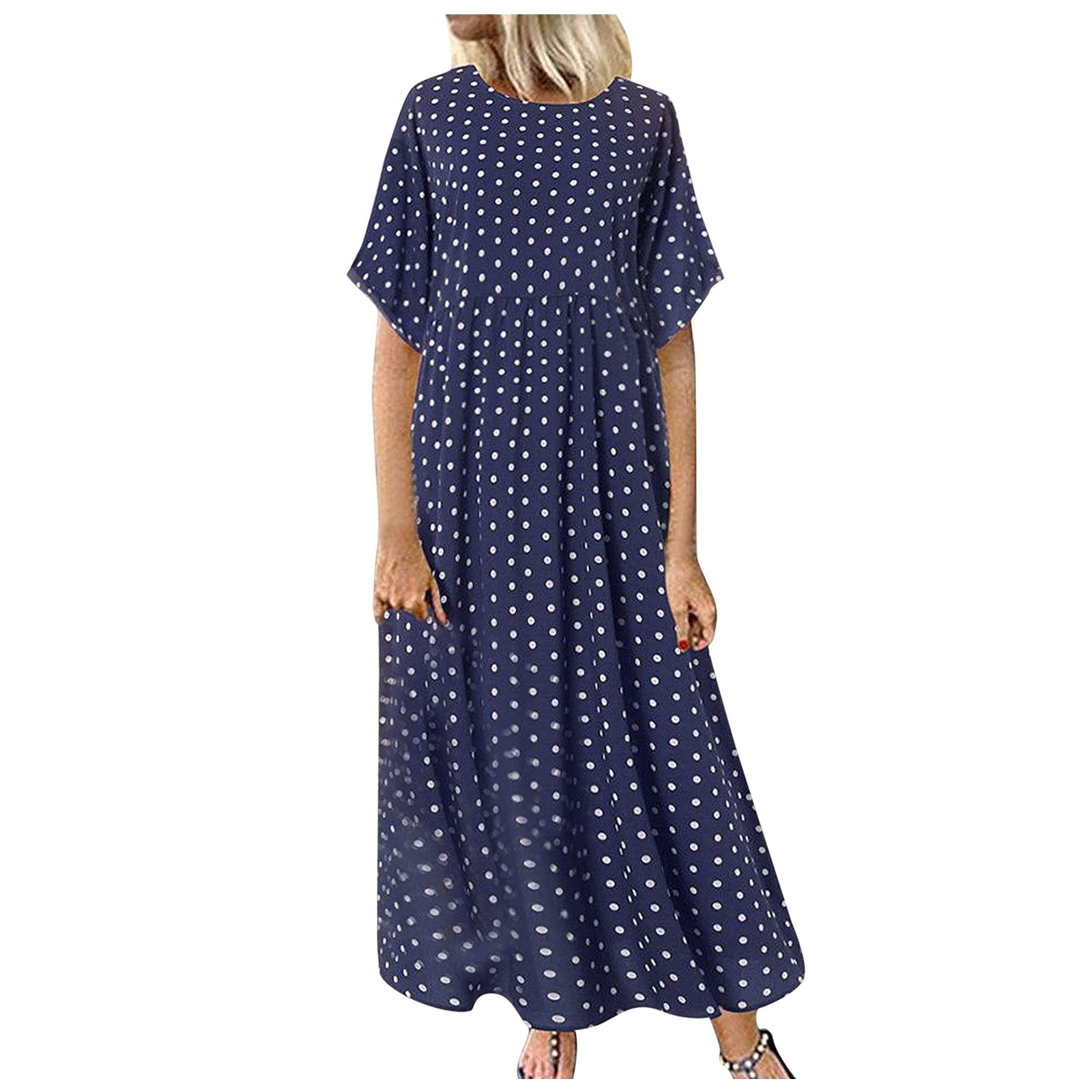 Size Retro Dress Short Sleeve Plus Causal Dot Dress Printed Polka Beach Women's Women's Dress Dress Girls (Blue, XXXXL)