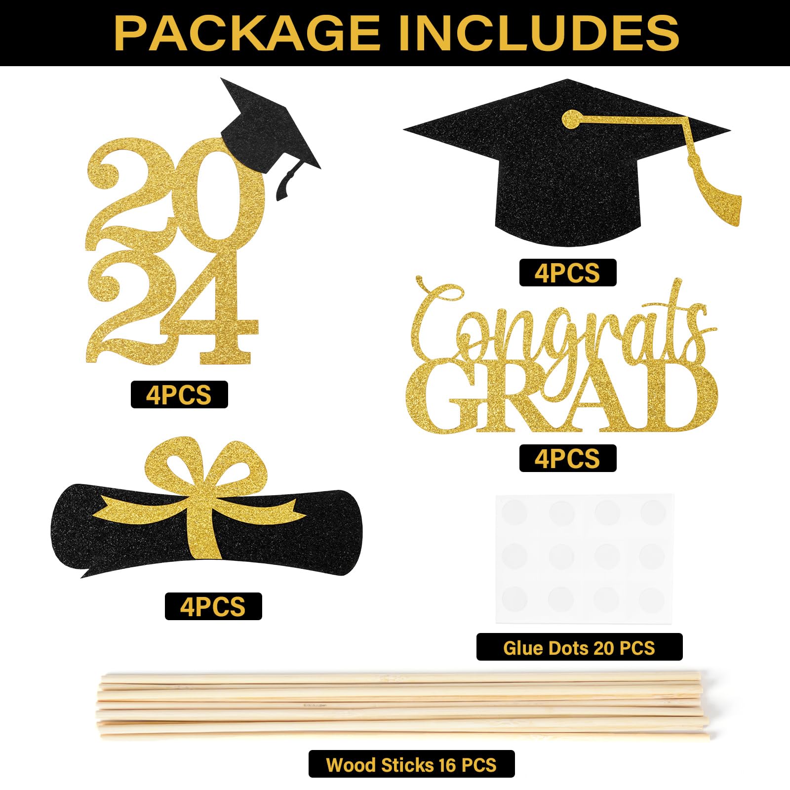 Mljsh Graduation Decorations Class of 2024, 16 PCS Black & Gold Double-Sided Eco-Friendly Graduation Centerpieces for Tables, Table Toppers, Graduation Party Decorations 2024