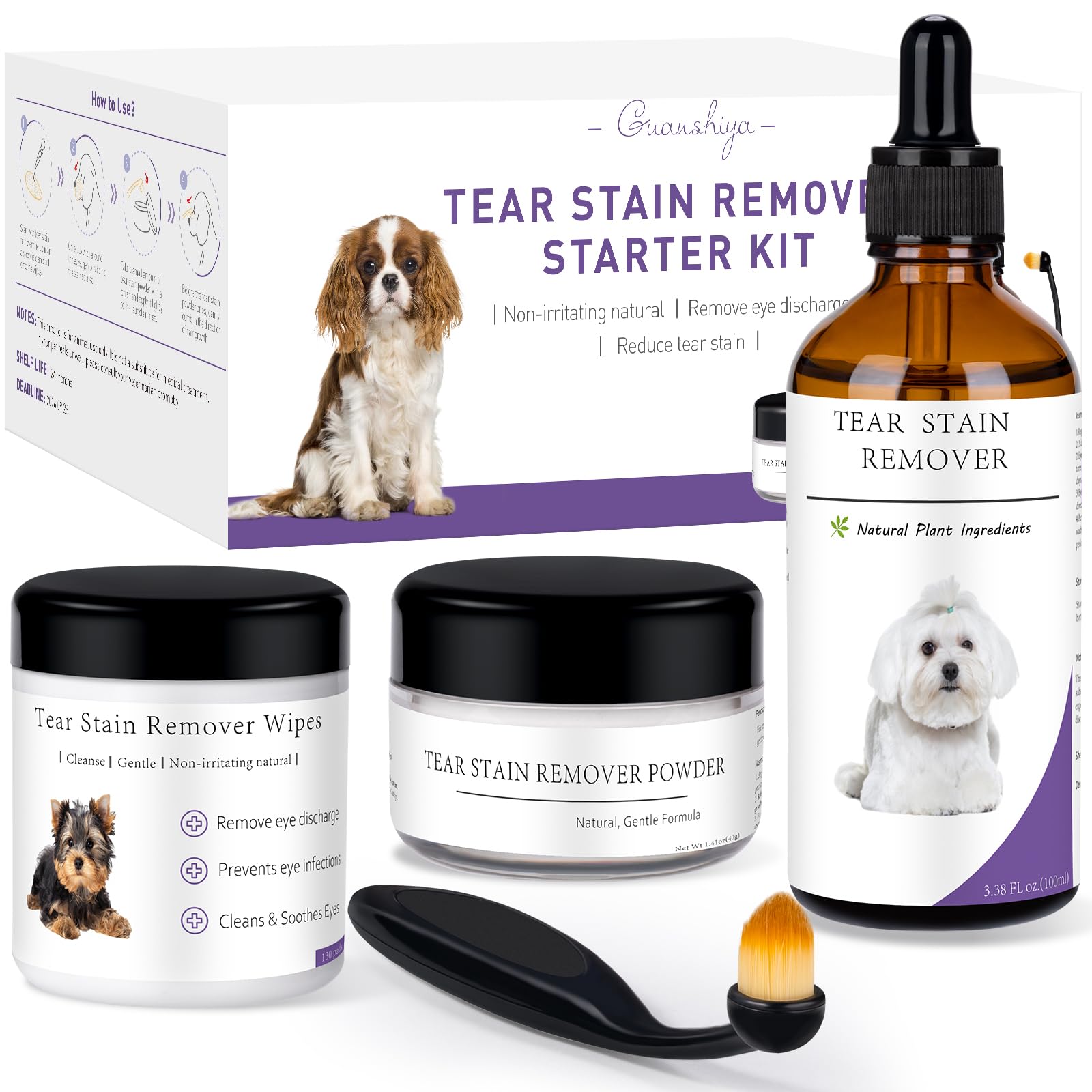 Guanshiya Dog Tear Stain Remover Starter Kit, with Witch Hazel Extract, Remove Tear Stains, Discharge & Mucus, includes Stain Solution, Applicator Wipes, Stain Powder & Brush, Lasts 30-45 Days