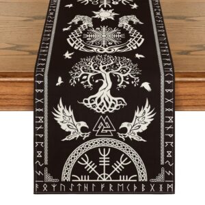 artoid mode black viking tree of life raven helmet of awe table runner, seasonal kitchen dining table decoration for home party decor 13x72 inch