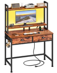 furologee small computer desk with drawers, 36 inch home office desks with power outlet and led light, gaming desk with monitor stand, modern work/writing/study table for bedroom, rustic brown