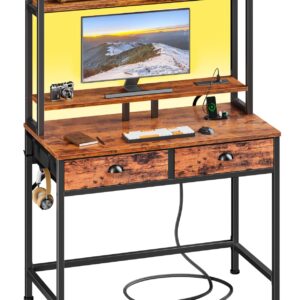 Furologee Small Computer Desk with Drawers, 36 Inch Home Office Desks with Power Outlet and LED Light, Gaming Desk with Monitor Stand, Modern Work/Writing/Study Table for Bedroom, Rustic Brown