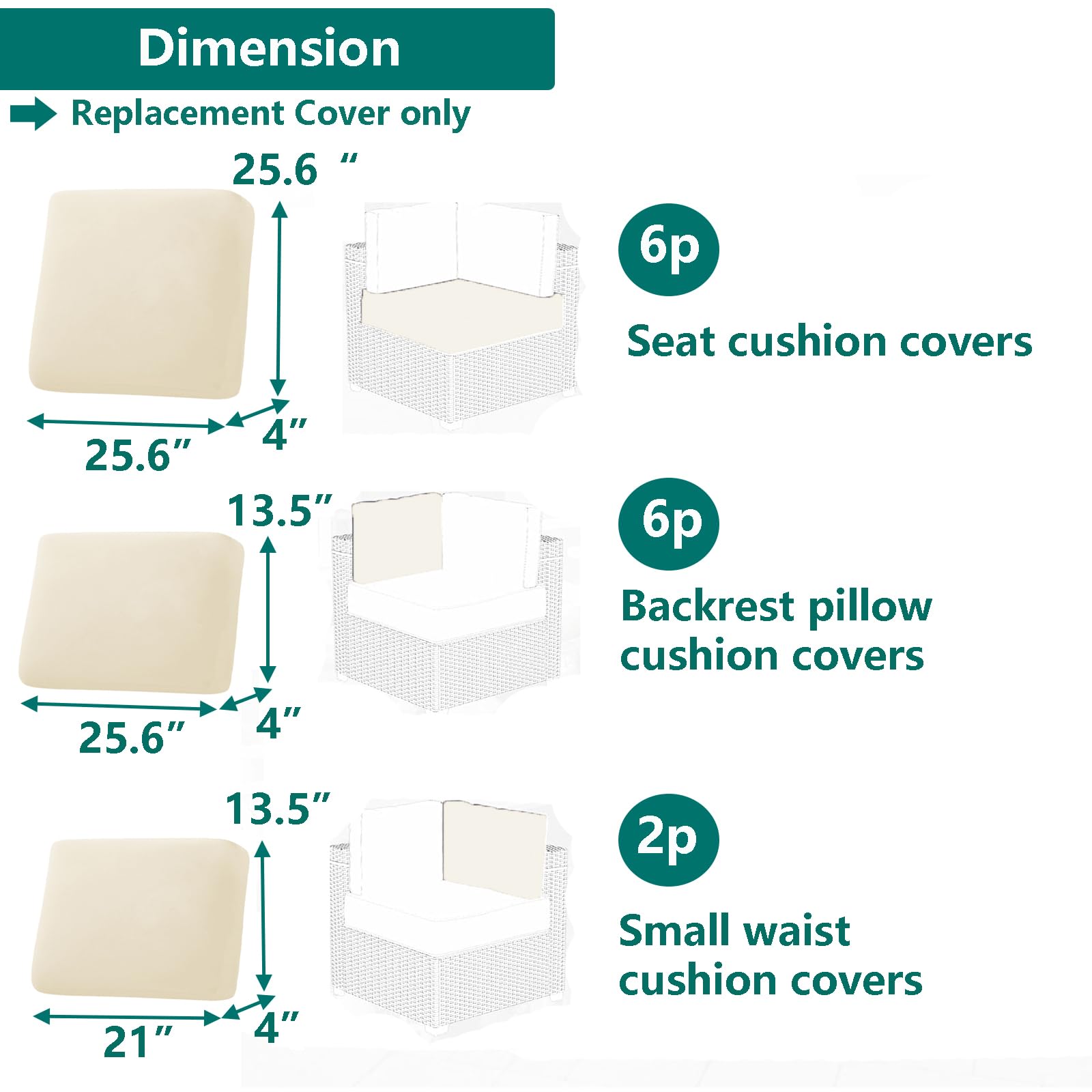 TECOSARA Outdoor Cushion Covers Replacement 14 Pcs Patio Cushion Covers fit for 7Pieces 6-Seater Wicker Rattan Sectional Couch Sofa Outdoor Cushion Slipcovers Set Seat and Back Cover Only, Ivory