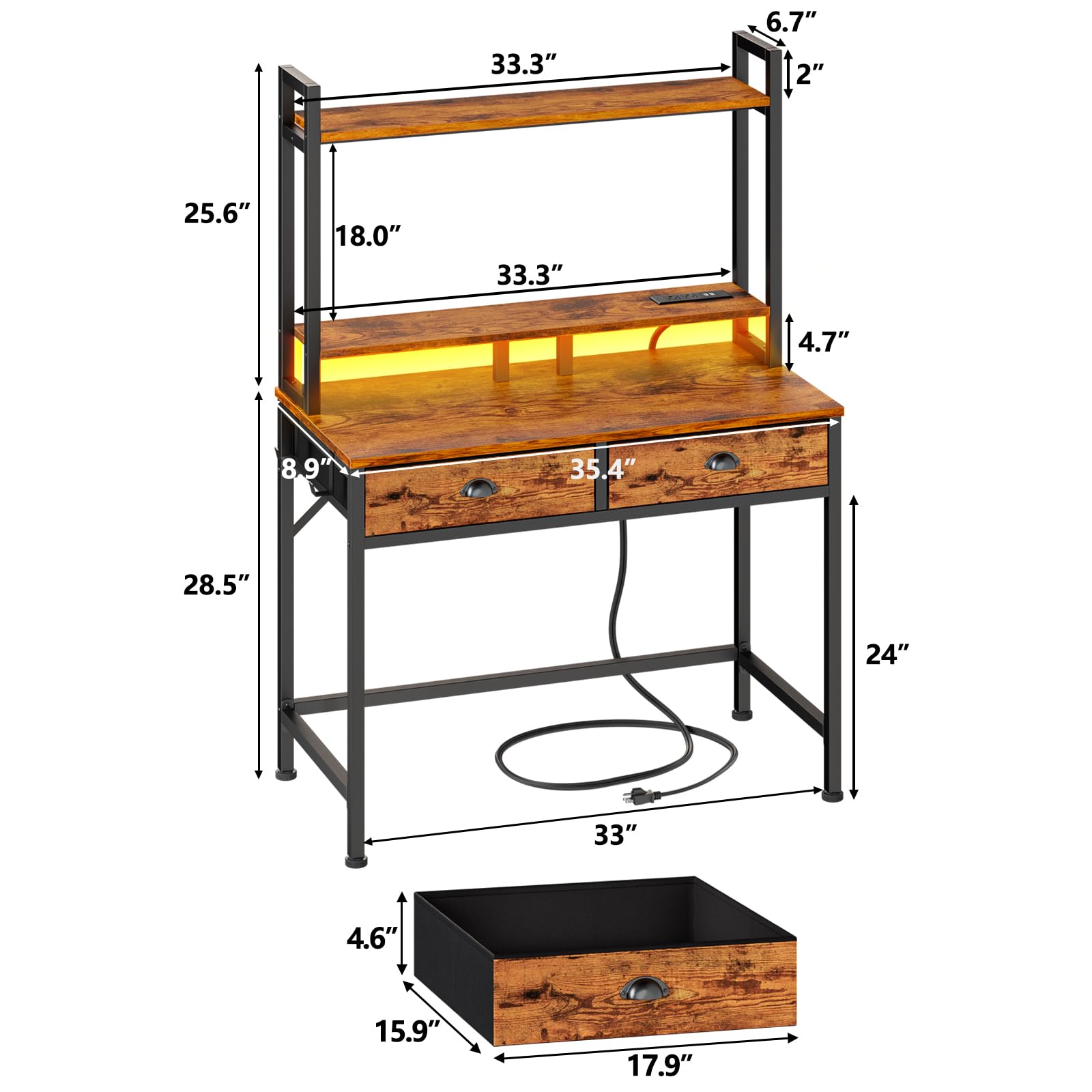 Furologee Small Computer Desk with Drawers, 36 Inch Home Office Desks with Power Outlet and LED Light, Gaming Desk with Monitor Stand, Modern Work/Writing/Study Table for Bedroom, Rustic Brown