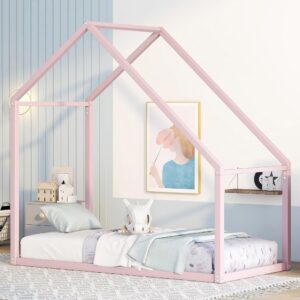 montessori floor bed with roof, heavy duty metal floor bed/montessori bed with playhouse design, twin floor bed for kids, girls, boys(not include slats), pink floor bed twin size