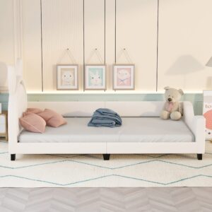 DREAMODERN Kids Twin Bed Frame with Headboard, Wood Cute Platform Bed Frame Upholstered Daybed with Carton Ears Shaped Headboard for Kids Girls Boys No Box Spring Needed - Beige