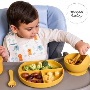 Meeso Baby 8-piece Silicone Baby Feeding Set - Animal Print Baby Essentials - Toddler Plates & Cup with Lid - Baby Led Weaning Supplies - Adjustable Bibs Microwave - Dishwasher Safe - BPA-free - Green