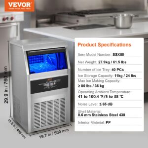 VEVOR Commercial Ice Maker, 80lbs/24H, Ice Maker Machine, 40 Ice Cubes in 12-15 Minutes, Freestanding Cabinet Ice Maker with 24lbs Storage Capacity LED Digital Display, for Bar Home Office Restaurant