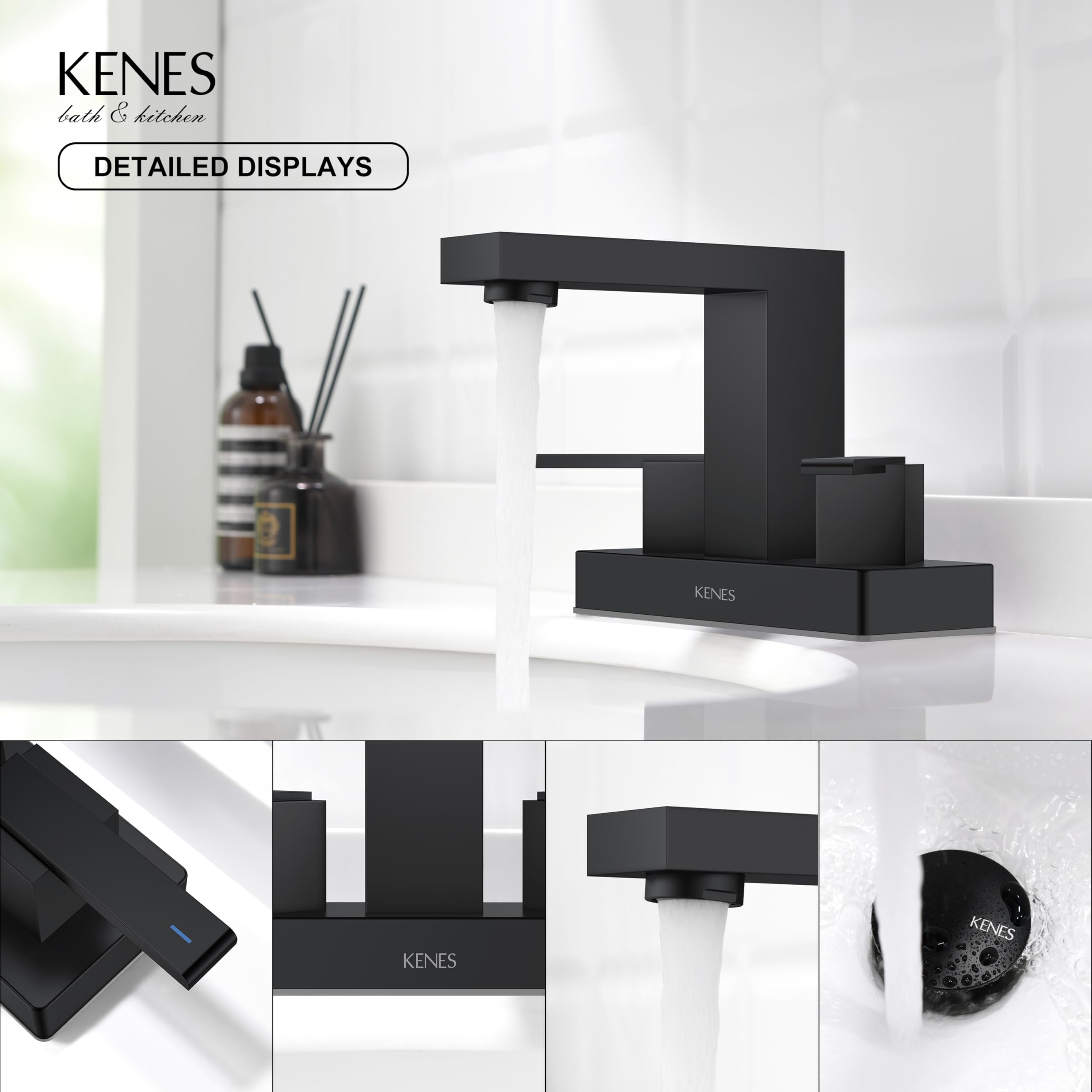 KENES Black Centerset Bathroom Faucet 3 Hole Bathroom Sink Faucet Matte Black Two Handle Modern Vanity Faucet with Pop Up Drain & Supply Lines, KE-9051-2-P