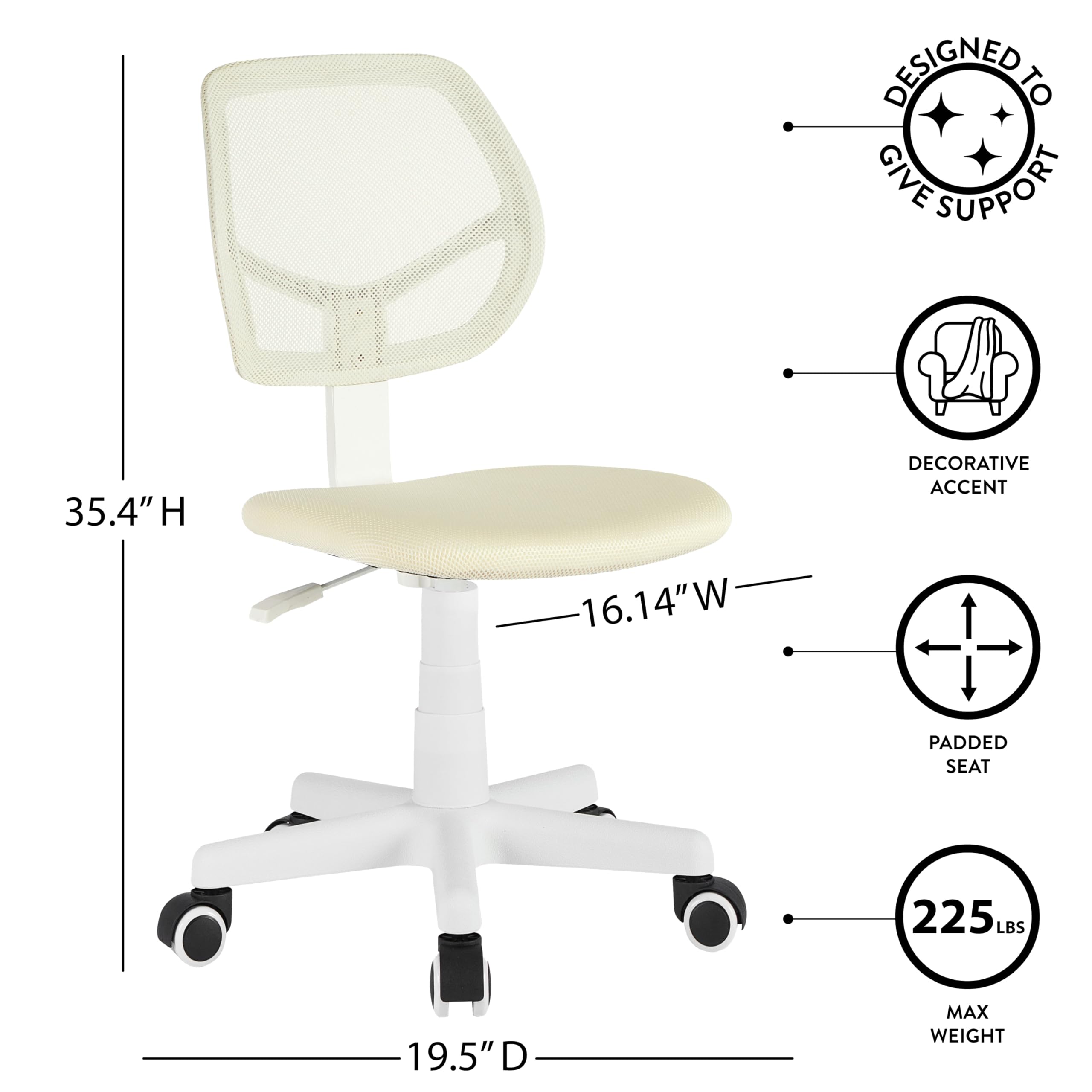 Urban Lifestyle Computer Office Rolling Swivel Task Desk Chair with Mesh Backrest and Caster Wheels, White with White Legs