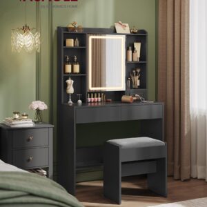 VASAGLE Vanity Desk with Power Outlets, Makeup Vanity with Mirror and Lights, Upholstered Vanity Stool, Dimmable LED Lights, 6 Compartments, 2 Drawers, for Bedroom, Ink Black URDT031B01