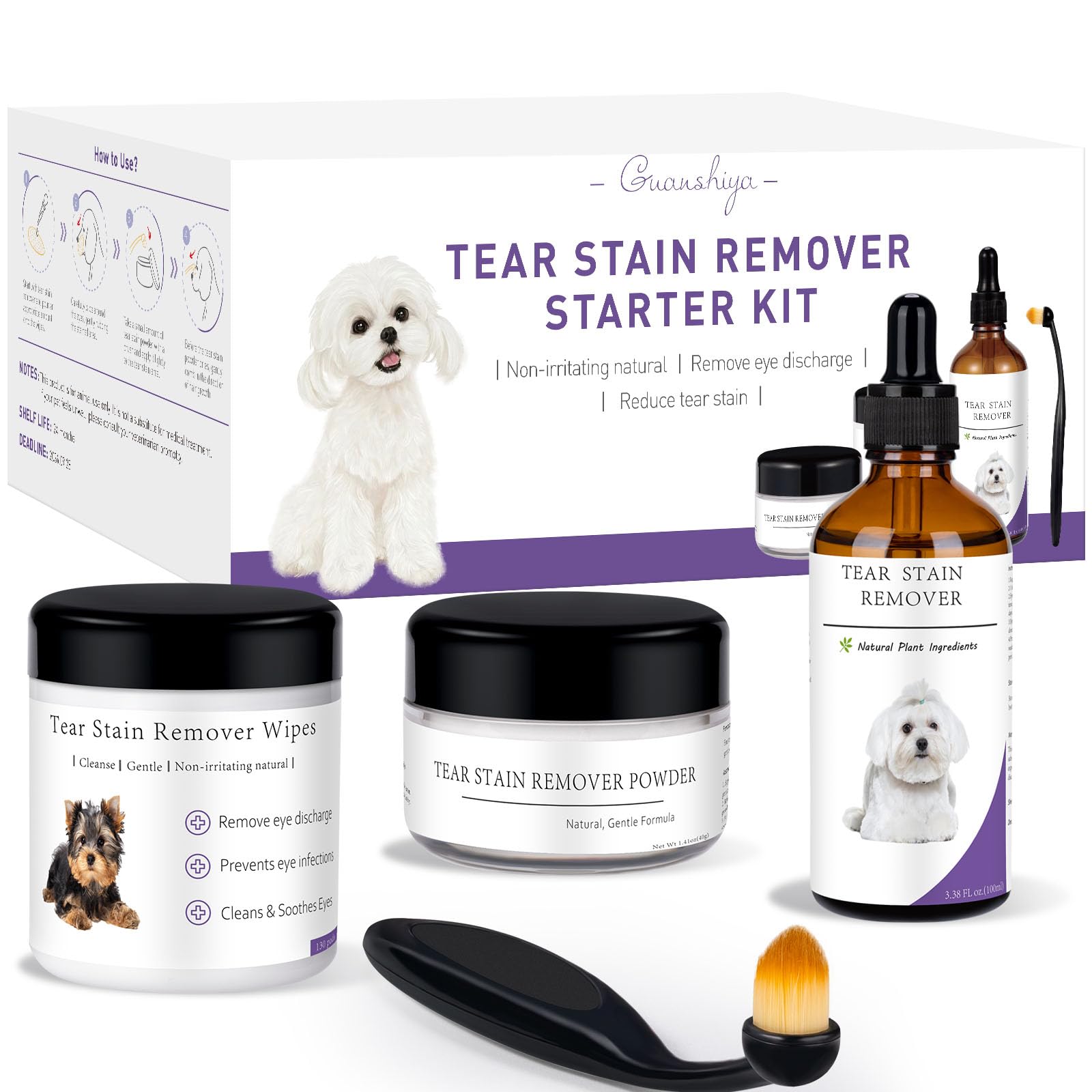 Guanshiya Dog Tear Stain Remover Starter Kit, with Witch Hazel Extract, Remove Tear Stains, Discharge & Mucus, includes Stain Solution, Applicator Wipes, Stain Powder & Brush, Lasts 30-45 Days