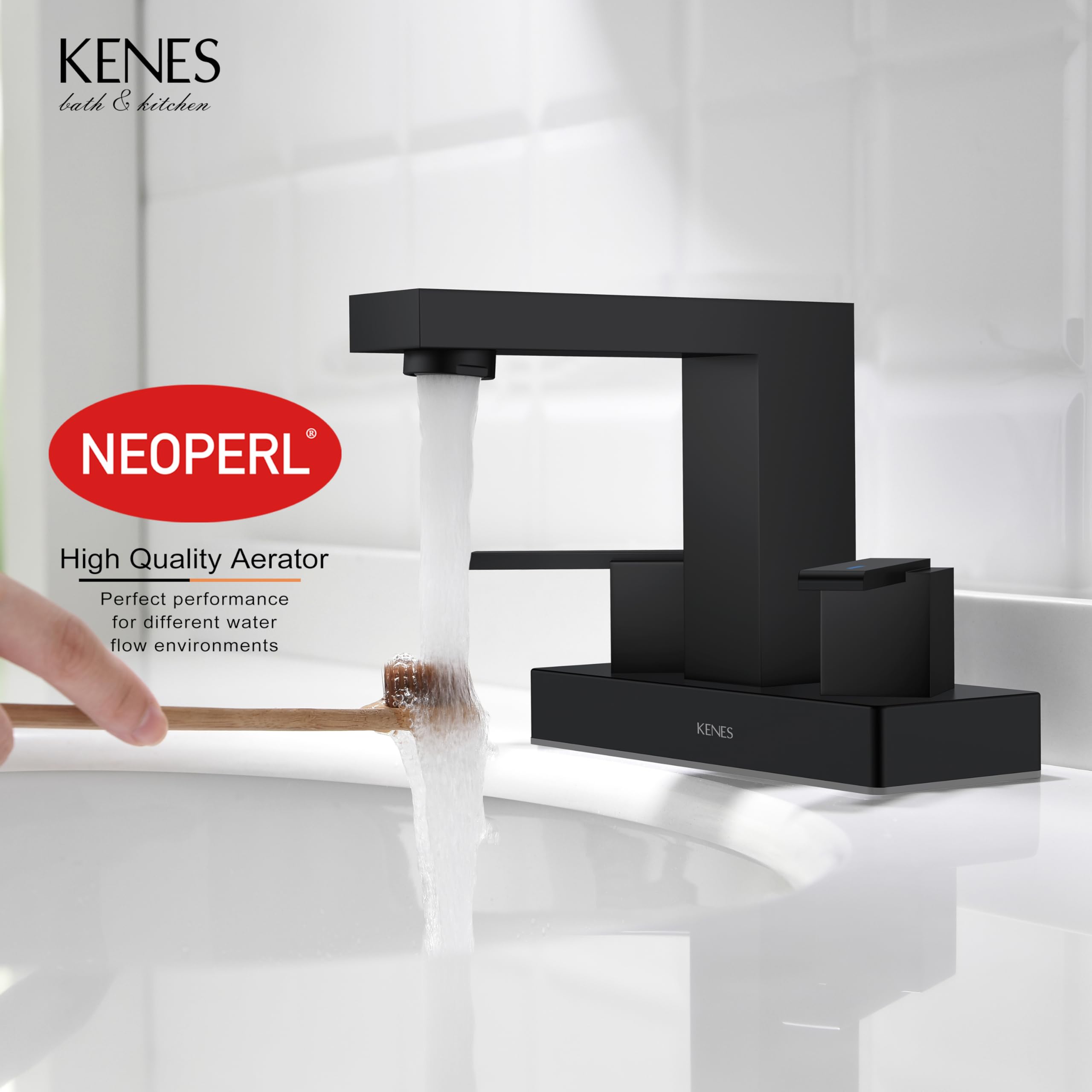 KENES Black Centerset Bathroom Faucet 3 Hole Bathroom Sink Faucet Matte Black Two Handle Modern Vanity Faucet with Pop Up Drain & Supply Lines, KE-9051-2-P