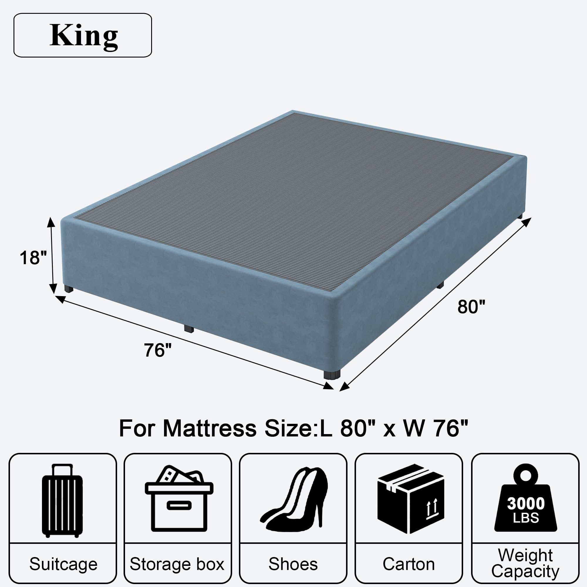 Seiugaga 18 Inch King Bed Frame with Fabric Cover - Needed Heavy Duty Metal Platform Bed Frames King Size Space Under Double Basic Steel Slats Platform