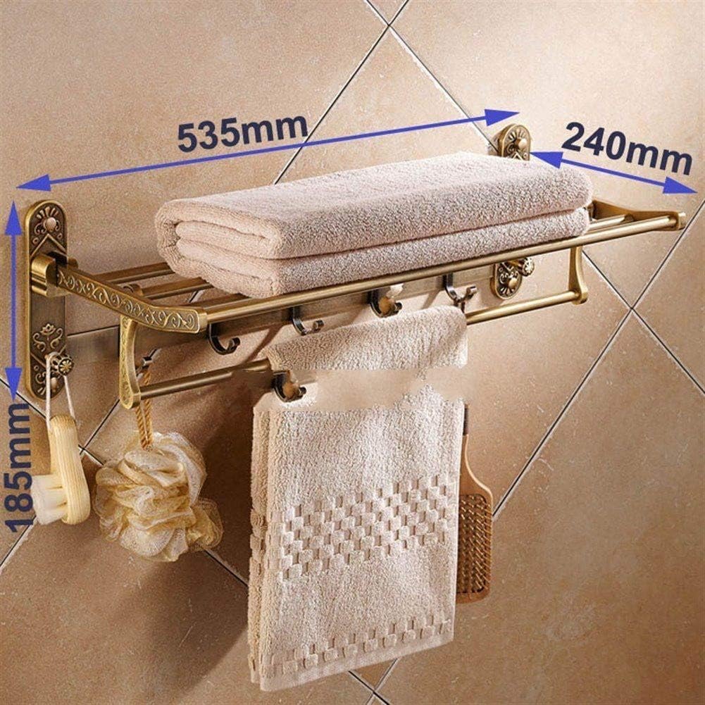 VoOqo Bathroom Towel Holder, Towel Rail Wall Mounted Aluminum Foldable Antique Brass Bath Towel Rack Active Bathroom Towel Holder Double Towel Shelf with Hooks Bathroom Accessories Convenient