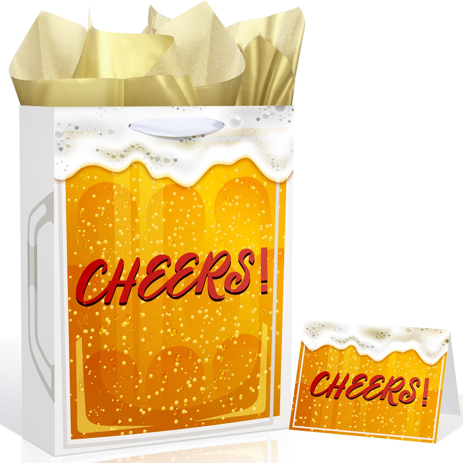 Gold Cheers Gift Bag Beer Mug Gift Wrap Bag with Greeting Card Tissue Paper for Men Women Birthday Christmas New Year Engagement Wedding Father's Day Retirement Graduations Promotions New Jobs