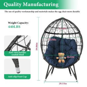 Temminkii Outdoor Patio Wicker Egg Chair Oversived Indoor Basket Rattan Chair with Stand,4''Cushion 410bls Capacity for Backyard Balcony Bedroom (Blue)