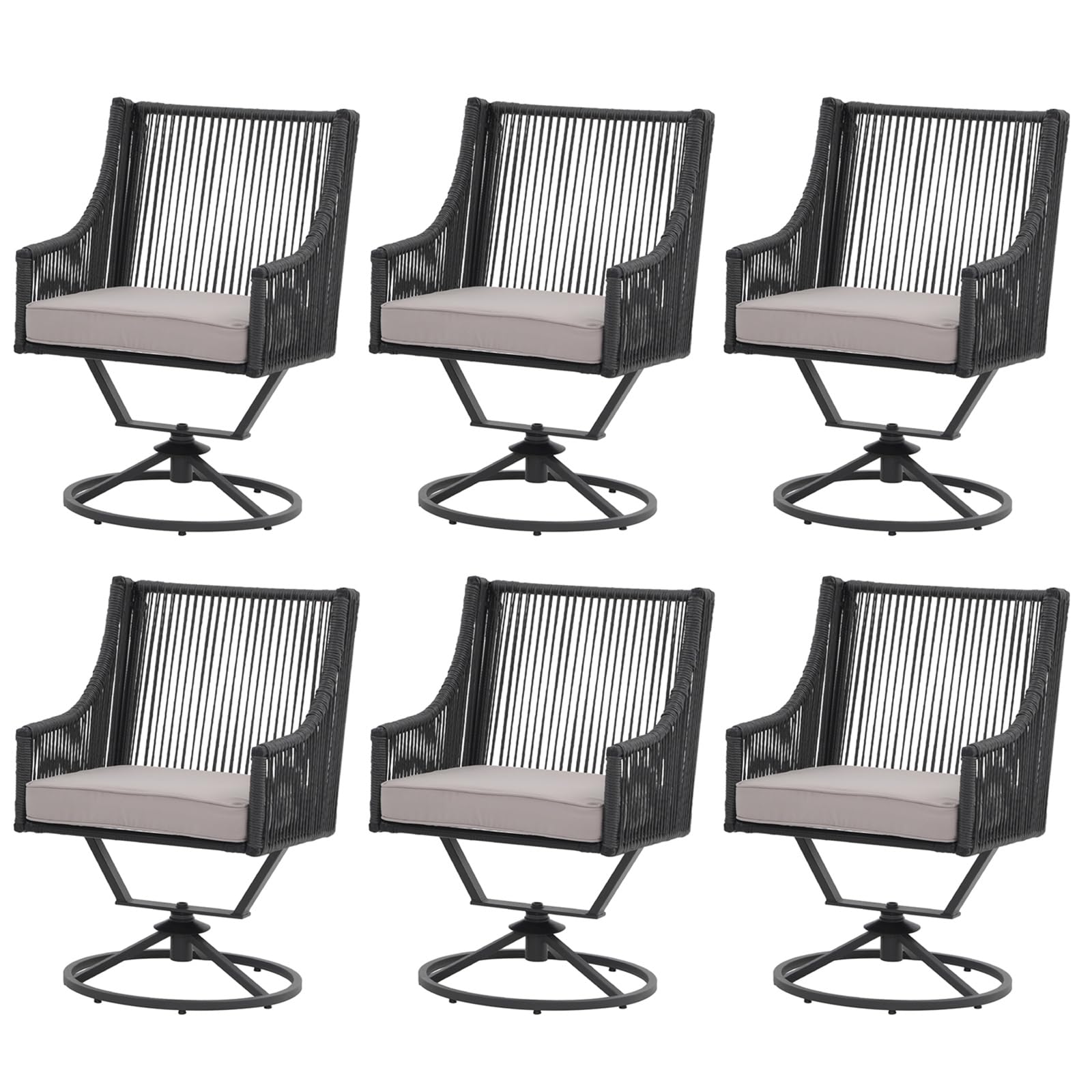 Patiorama Outdoor Swivel Dining Chairs Set of 6, Patio Wicker Dining Chairs, All-Weather Twisted PE Rattan Chairs, Outside Metal Swivel Chair with Cushion for Lawn Garden Backyard, Black/Light Gray