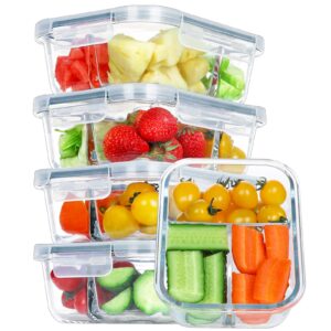 bayzz 5 pack 35 oz glass meal prep containers 3 compartments, glass food storage containers with lids, airtight bento box lunch container-microwave, freezer & dishwasher safe