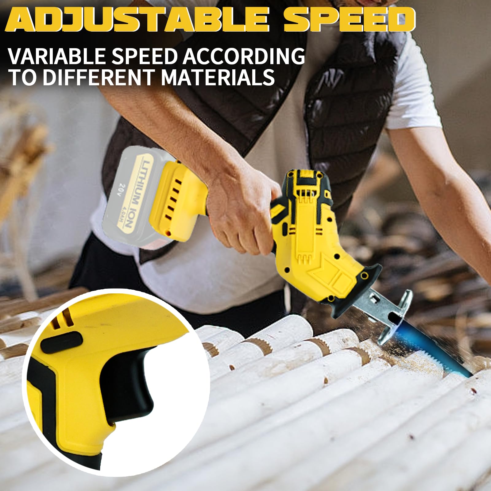 Cordless Reciprocating Saw for de-walt 20V max reciprocating saw,Recipro Saw 0-3000SPM Variable Speed,4 Saw Blades,Tool-free Blade Change Chainsaw for Cutting Wood/Metal/Plastic(No battery)