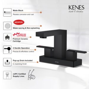 KENES Black Centerset Bathroom Faucet 3 Hole Bathroom Sink Faucet Matte Black Two Handle Modern Vanity Faucet with Pop Up Drain & Supply Lines, KE-9051-2-P