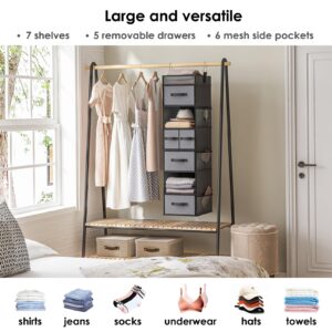 Fixwal 1 Pack 7-Shelf Hanging Closet Organizer, Closet Organization and Storage with 5 Different Drawers, 6 Side Pockets Wardrobe Clothes Organizer for Closet Dark Grey