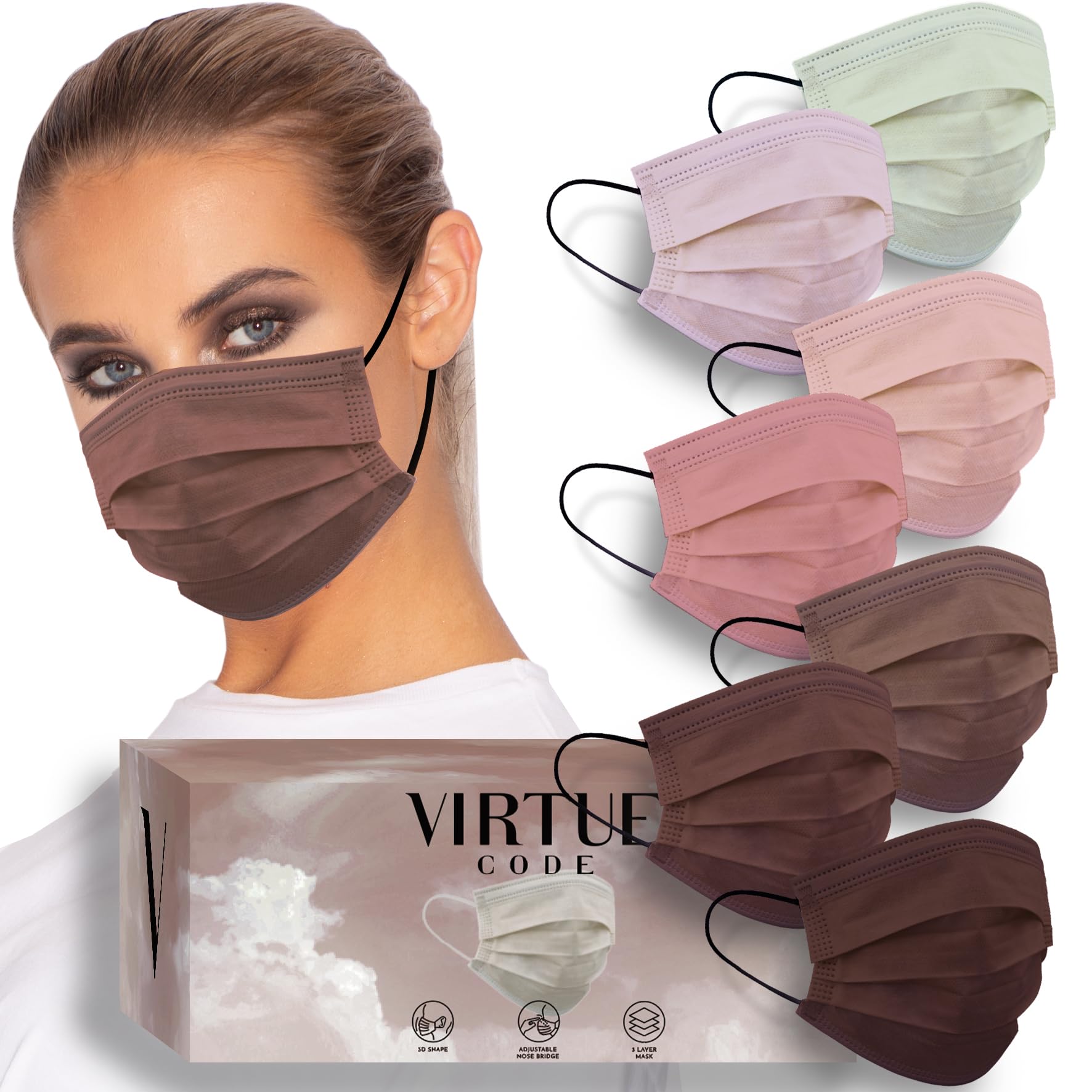 VIRTUE CODE Balance Face Masks - Soft 3 Ply Comfort Face Masks, Colorful Disposable Face Mask 50 Pack. Latte Love Colored Masks. Adults Mens and Womens Disposable Face Masks