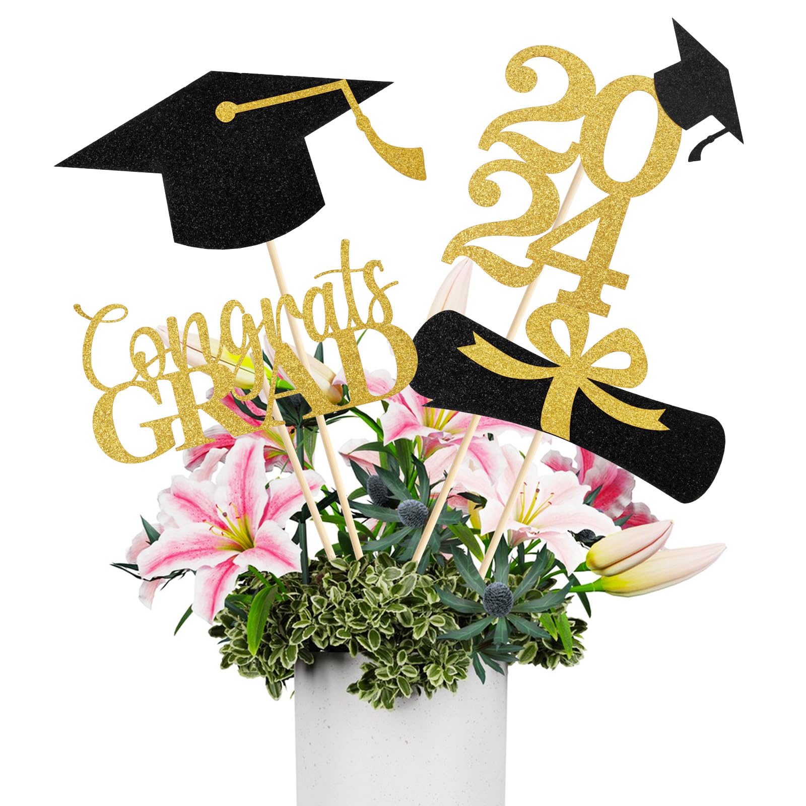 Mljsh Graduation Decorations Class of 2024, 16 PCS Black & Gold Double-Sided Eco-Friendly Graduation Centerpieces for Tables, Table Toppers, Graduation Party Decorations 2024