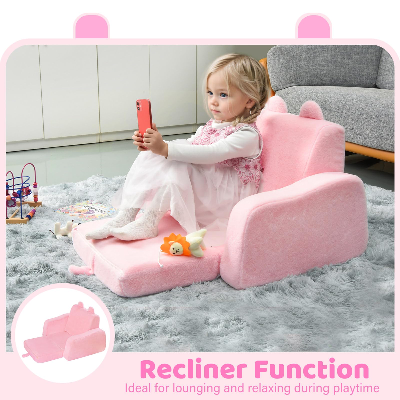 ENITYA Toddler-Couch, Toddler-Chair Fold Out, Pink Kids Sofa, 3-in-1 Convertible Sofa to Bed Comfy for Watching TV/Reading/Gaming/Resting