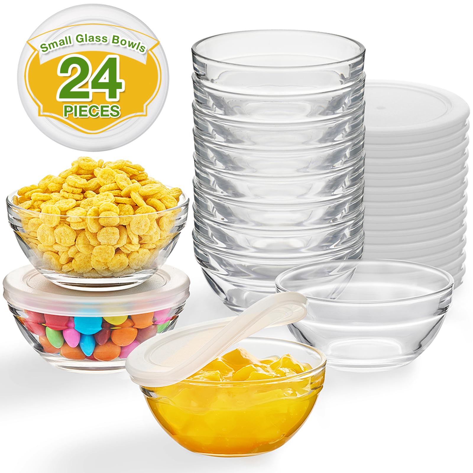 12 Pack 3.5 Inch Small Glass Bowls with 12 Pack Lids, 4 oz Mini Glass Containers, Ramekins, Pinch Bowls, Condiment Containers, for Prep, Dips, Nuts, Snacks, Candy Meal Prep Bowls, Dessert Bowls