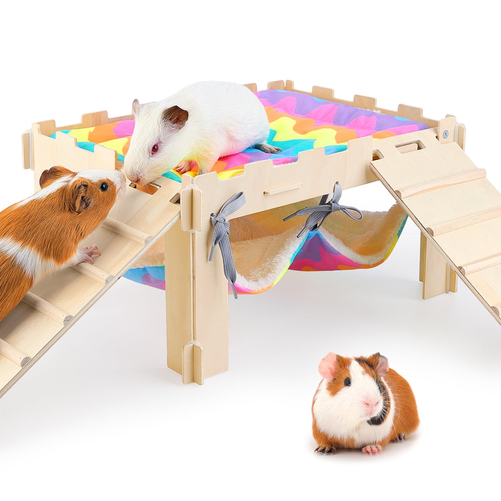 Guinea Pig Hideout with Hammock, Soft Guinea Pig Hammock Wooden Guinea Pig House with Stairs Large Guinea Pig Toys fit Guinea Pig Cages Durable Guinea Pig Accessories for Small Animals