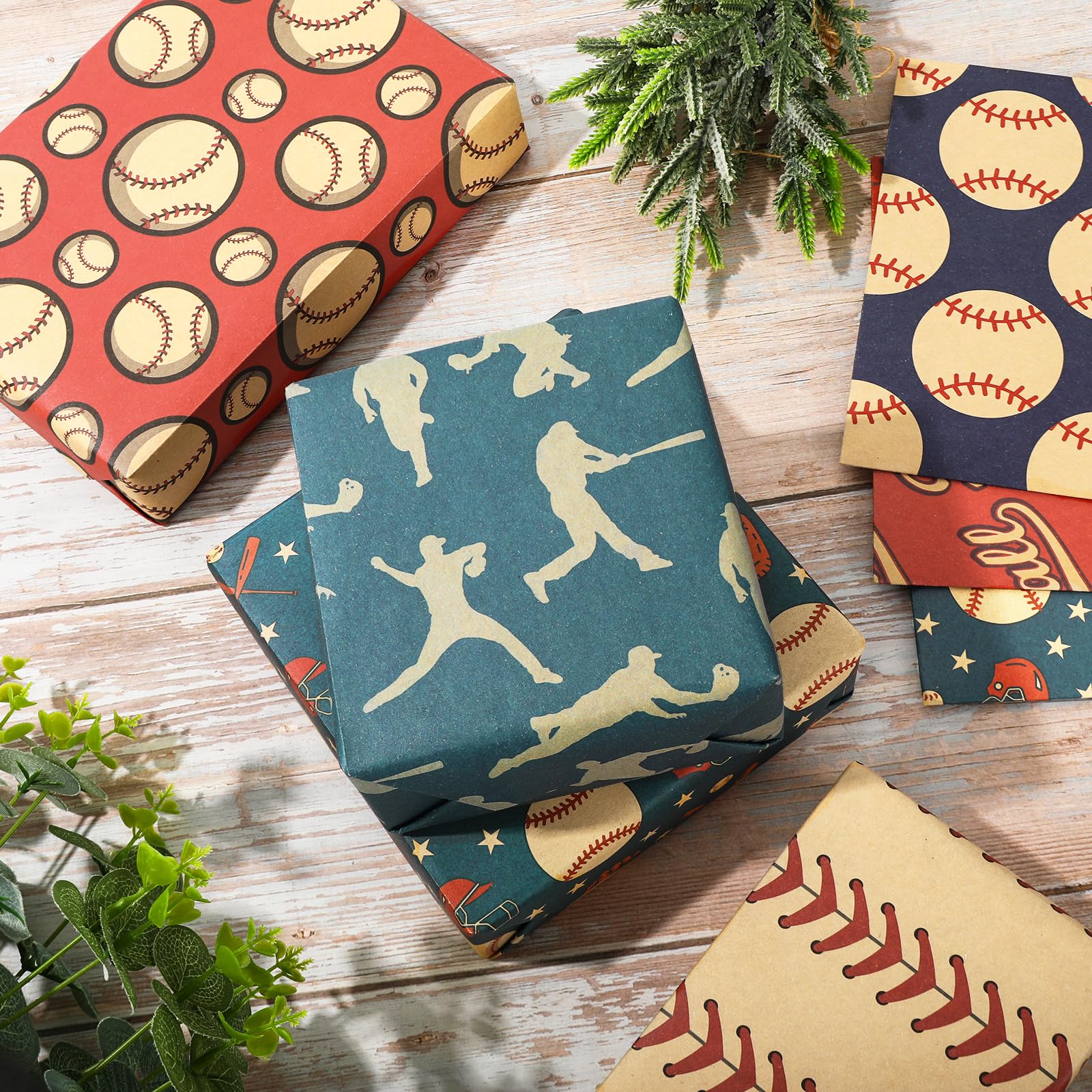 Generic AnyDesign 12 Sheets Baseball Wrapping Paper -Not Roll- Red Blue Gift Wrap Paper Vintage Art Kraft Paper Folded Flat for DIY Crafts Birthday Baby Shower Party Favors Supplies, 19.7 x 27.6 Inch