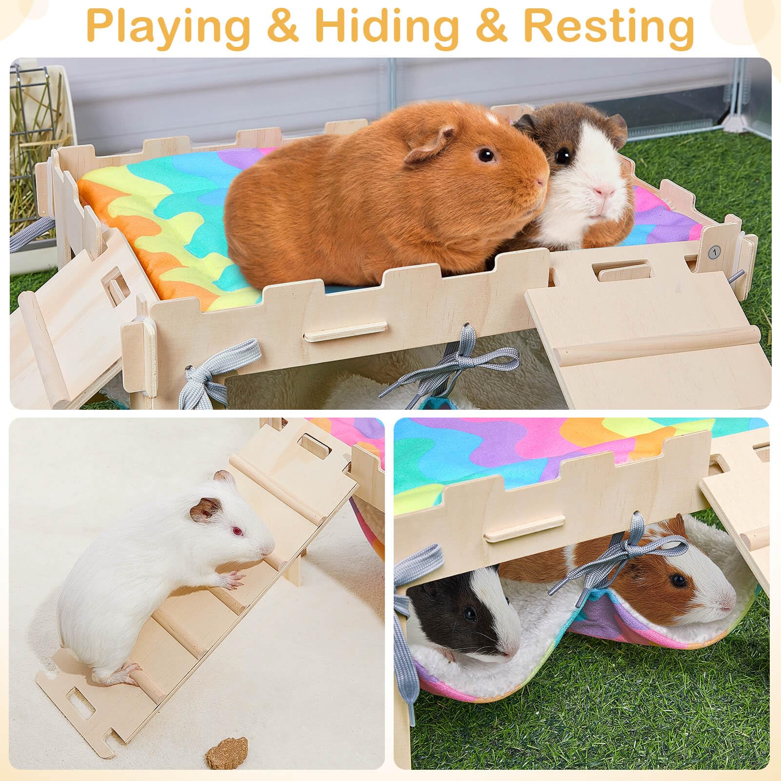 Guinea Pig Hideout with Hammock, Soft Guinea Pig Hammock Wooden Guinea Pig House with Stairs Large Guinea Pig Toys fit Guinea Pig Cages Durable Guinea Pig Accessories for Small Animals