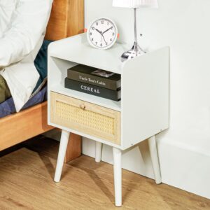 RKVPCNE Rattan Nightstand Night Stands Bedside Table, Boho Nightstands Natural Wood Nightstand End Tables with Solid Wood Legs & Drawer, Open Storage Shelf Side Tables Bedroom Small Space, White