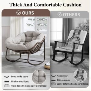 Large Indoor Outdoor Rocking Chair, Oversized Rocking Papasan Chair with Thick Cushion and Frame Outdoor Rocker, Comfy Wicker Egg Chairs Lounge for Outside Porch Patio Backyard Balcony (Beige)