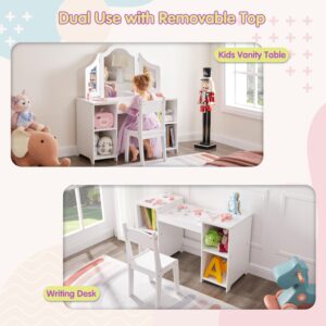 2 in 1 Kids Vanity Set, Princess Makeup Table and Chair with Open Storage Cabinet, Pretend Play Vanity with Detachable Tri-fold Mirror for Little Girls Age 3-9 (White with Chair)