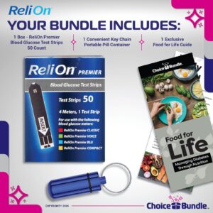 ReliOn Reli On Premier Blood Glucose Test Strips 50 Ct Choice Bundle | + Food for Life Guide & Portable Pill Container (3 Items)!