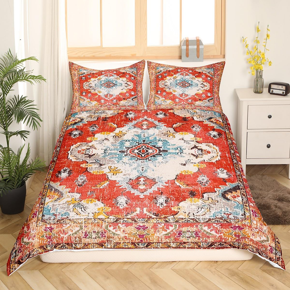 Erosebridal Ethnic Tribal Duvet Cover Queen,Bohemian Flower Bed Set for Girls Women Teens,Distressed Bedding Boho Medallion Comforter Cover,Vintage African Style Quilt Cover with 2 Pillow Cases,Red