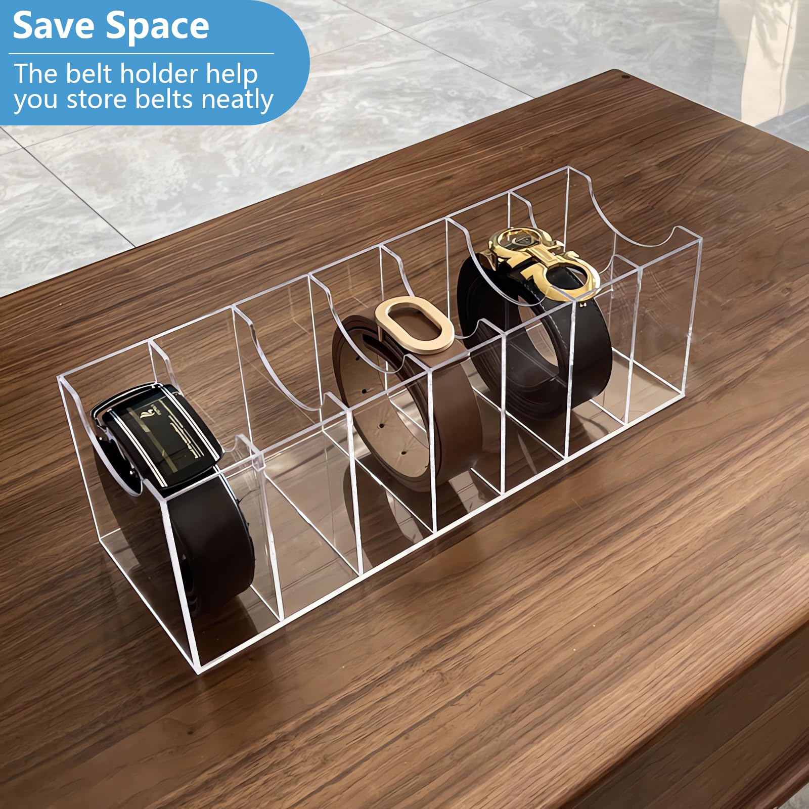 Belt Organizer for Closet, Acrylic Belt Organizer 7 Compartments Display Case for Tie and Bow Tie, Clear Belt Holder for Women Men Home