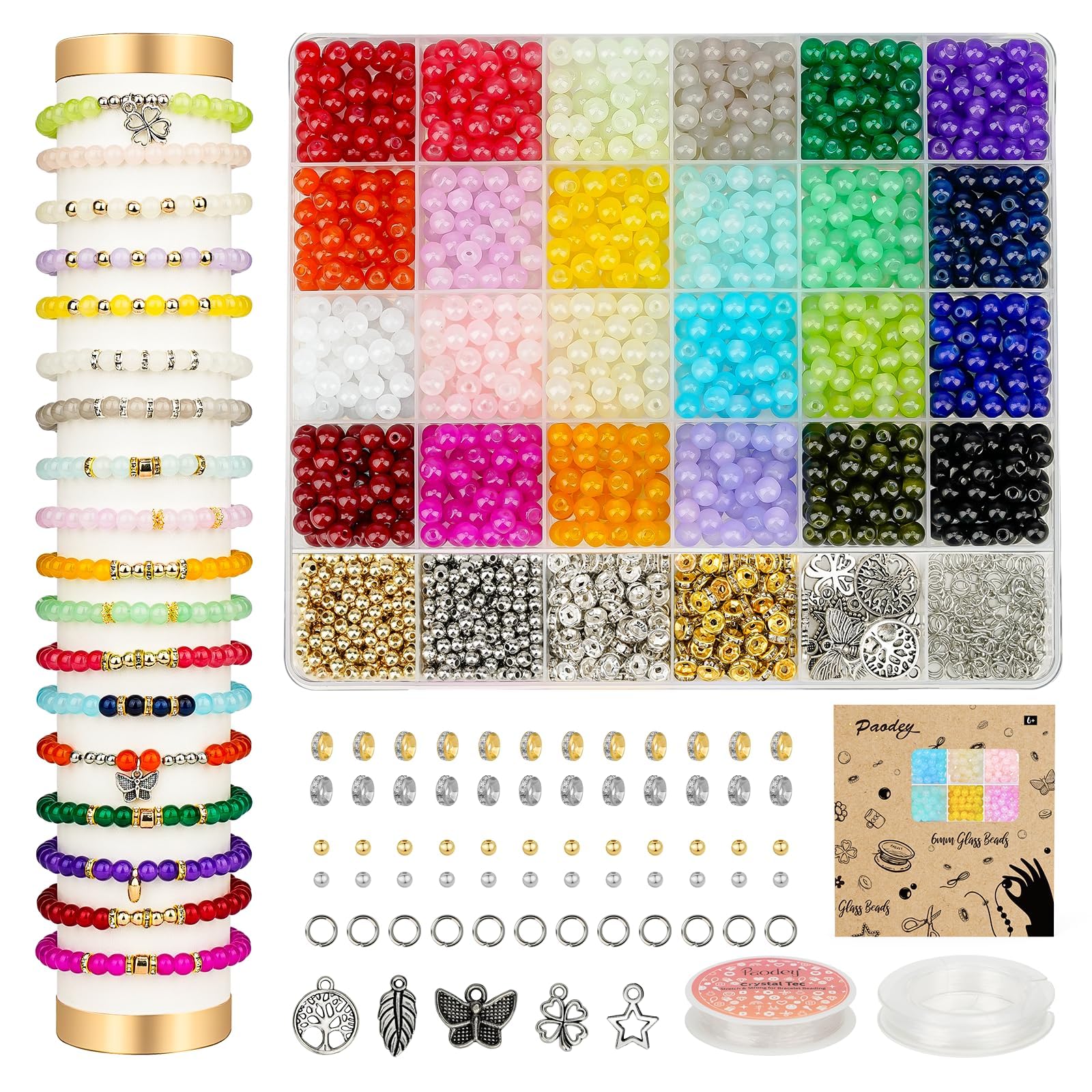 Paodey 6mm Glass Beads for Bracelets 1400pcs, Bracelet Making Kit 24 Colors Crystal Beads for Jewelry Making Round Beads DIY Crafts with Spacer Beads Charms Accessories