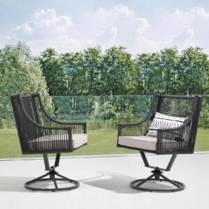 Patiorama Outdoor Swivel Dining Chairs Set of 6, Patio Wicker Dining Chairs, All-Weather Twisted PE Rattan Chairs, Outside Metal Swivel Chair with Cushion for Lawn Garden Backyard, Black/Light Gray