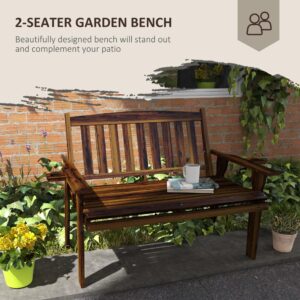 Outsunny Wood Outdoor Bench, 2-Person Garden Bench with Cupholder Armrests, Slatted Seat and Backrest, Park Bench for Patio, Porch, Lawn, Deck, Carbonized