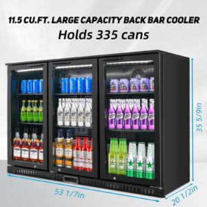 Bluelinecool Back Bar Cooler with 3 Glass Doors, Under Counter Beverage Refrigerator, 11.5 cu.ft Mini Fridge Cooler with LED Lighting for Soda Drinks, Beer, Wine