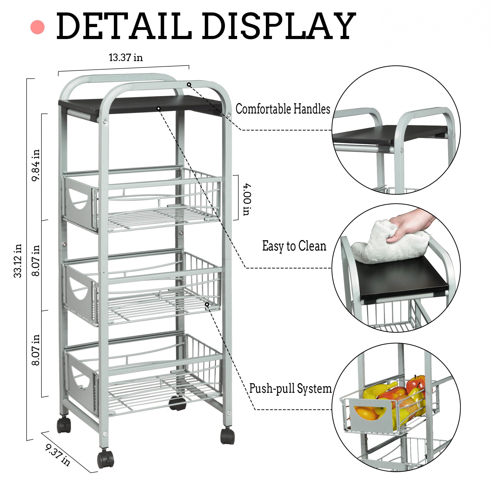 Slim Rolling Storage Cart Small Narrow Kitchen Metal Storage Cart with Lockable Wheels Slim Laundry Bathroom Storage Cart with Wooden Top for Kitchen Laundry Narrow Places with Pull-Out Basket Grey