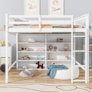 Harper & Bright Designs Full Size Loft Bed with Storage, Wooden Loft Bed Frame with 8 Open Storage Shelves and Built-in Ladder, White