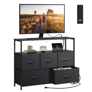 wlive fabric dresser for bedroom with 5 drawers, entertainment center with open shelf and power outlet for 45 inch tv, dresser tv stand with storage for closet, black